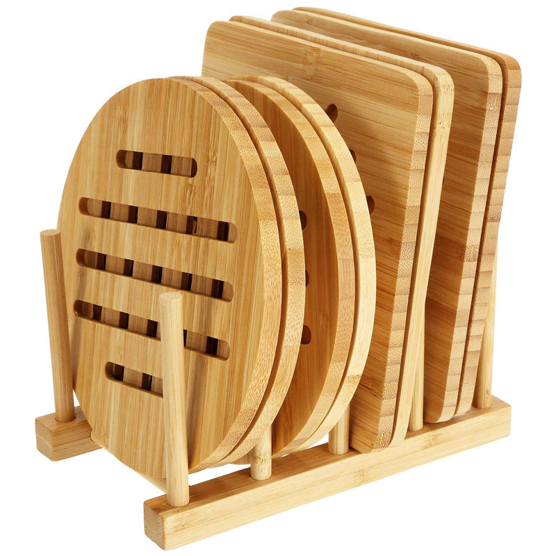 Dessous de plat en bambou avec égouttoir, dessous de plat en bambou naturel pour plats chauds, casseroles, bols, théières, lot de 8,