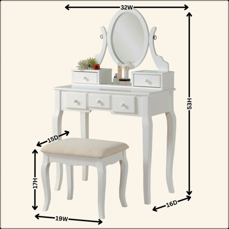 Ensemble coiffeuse et tabouret en bois, blanc