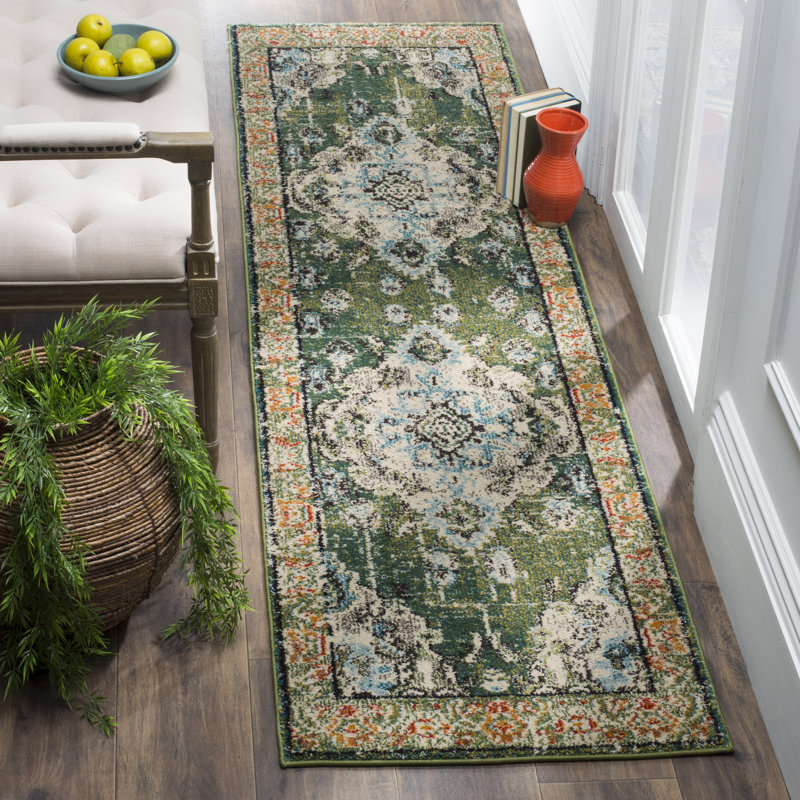 Almyra Oriental Area Rug, Runner 2'2" x 12', Forest Green/Light Blue
