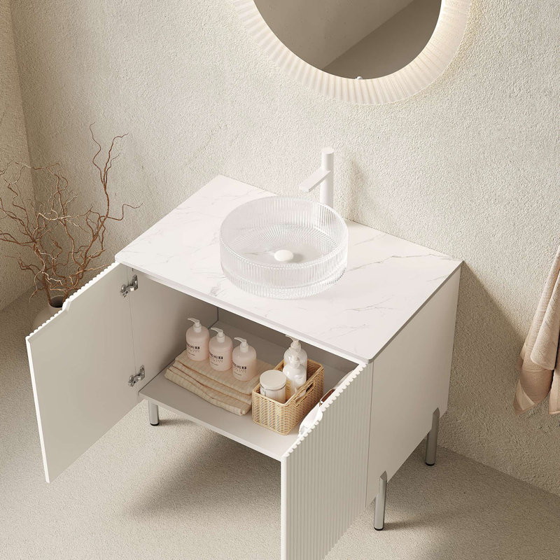 Meuble-lavabo de salle de bain 30 po avec lavabo, armoire de rangement autoportante avec 2 portes, lavabo rond en verre et comptoir artificiel, sans robinet