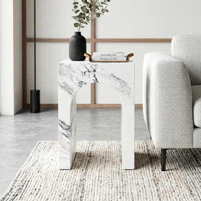 Modern 18" Hollow Arch Faux Marble Square Side Table With Engineered Cementitious Composites End Table For Living Room