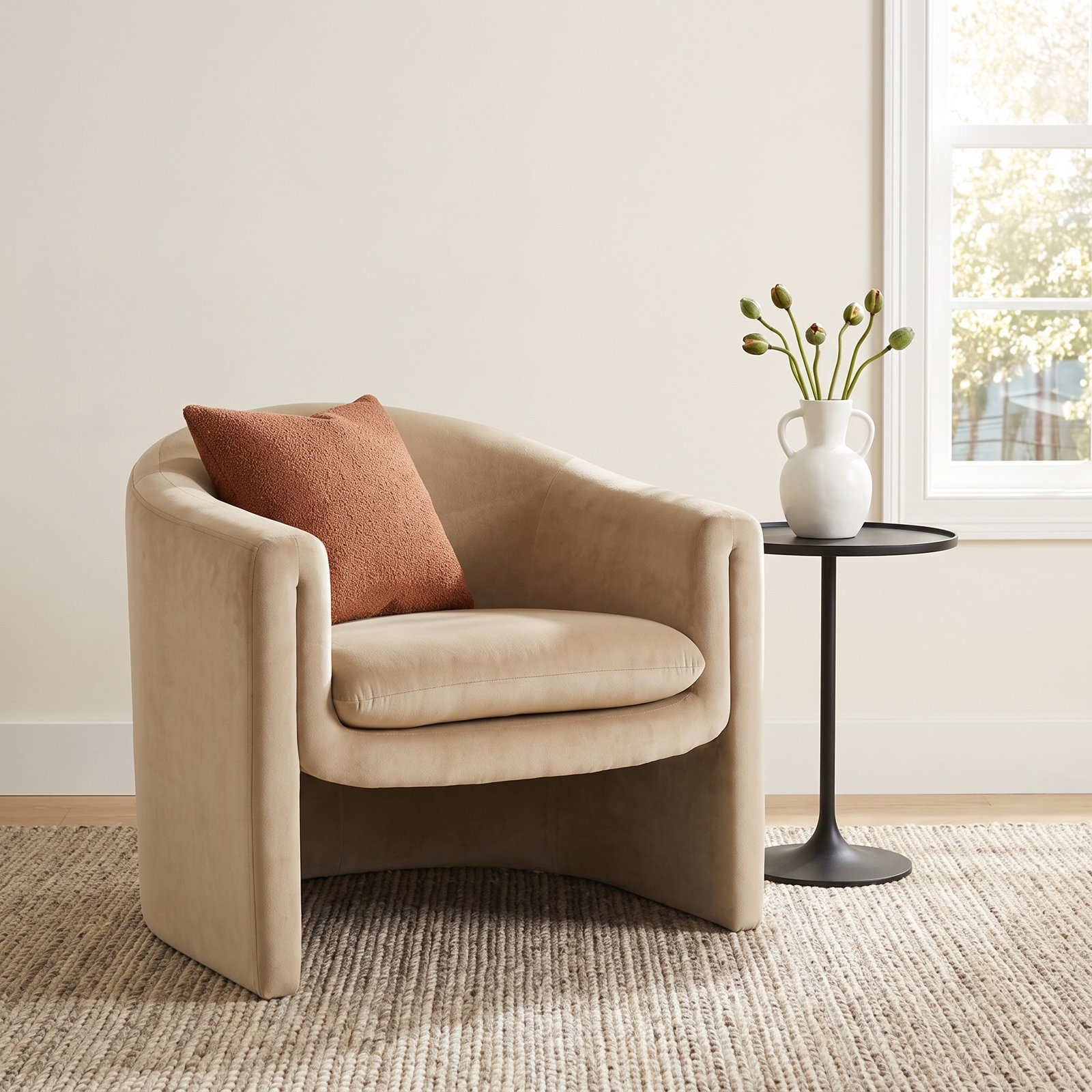 Pollman Barrel Chair, Light Brown Velvet
