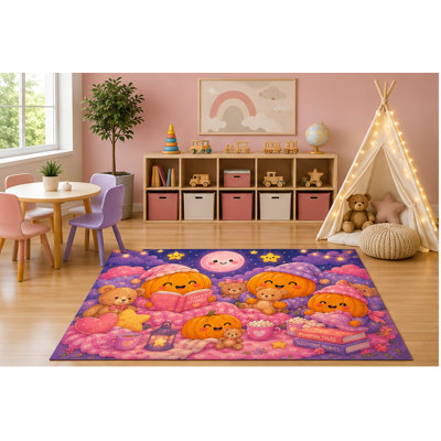 Tapis de fête pour enfants pyjama citrouille 5 pi x 7 pi «Ultra Léger», citrouilles endormies mignonnes, contes de fée, dessin de Kawaii, chambre de jeux, chambre de bébé, envers en silicone antidérapant