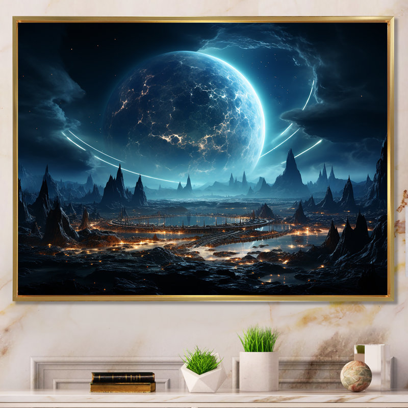 White And Blue Cosmic Space Landscape III - Space Planet Wall Art, Gold Floater Framed, 24" H x 32" W x 1" D