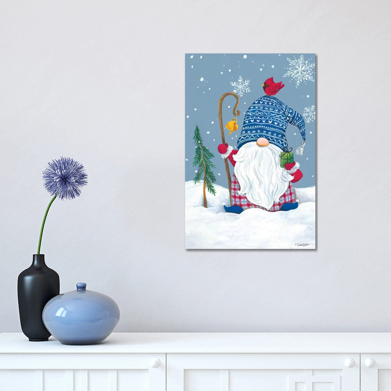 Snowy Gnome With Present by Diane Kater - Print on Canvas, Wrapped Canvas, 30.48 cm H x 45.72 cm W