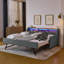 Canapé-lit simple rembourré avec trois lumières à DEL, tête de lit réglable avec rangement, lit gigogne escamotable avec pieds repliables et chargement sans fil, cadre de canapé-lit rembourré en lin-1512550120