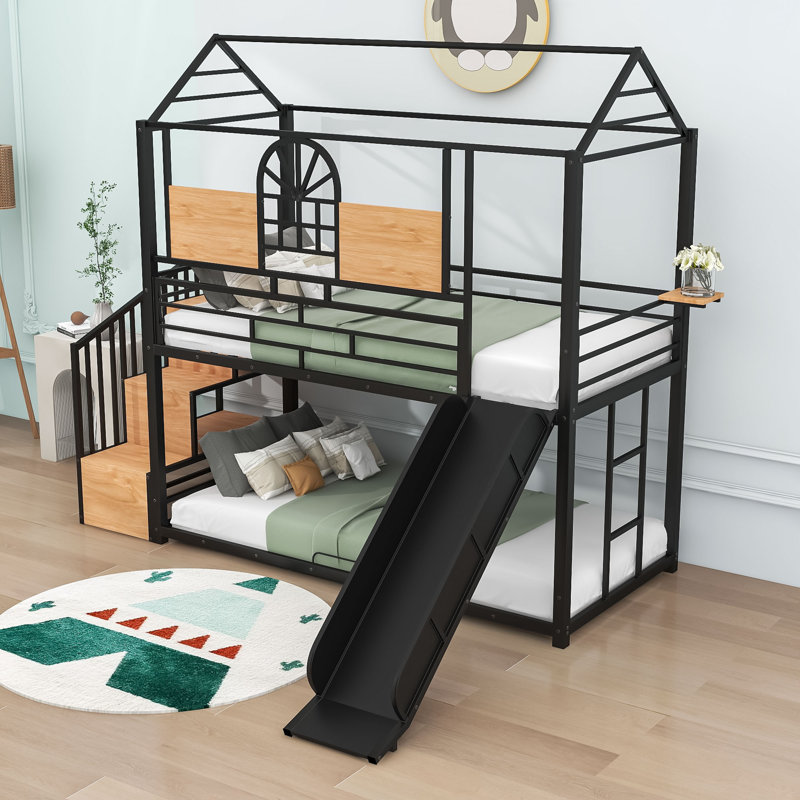 Boscobel Twin Over Twin Metal House Bunk Bed with Slide,Stairs And Slats, Black