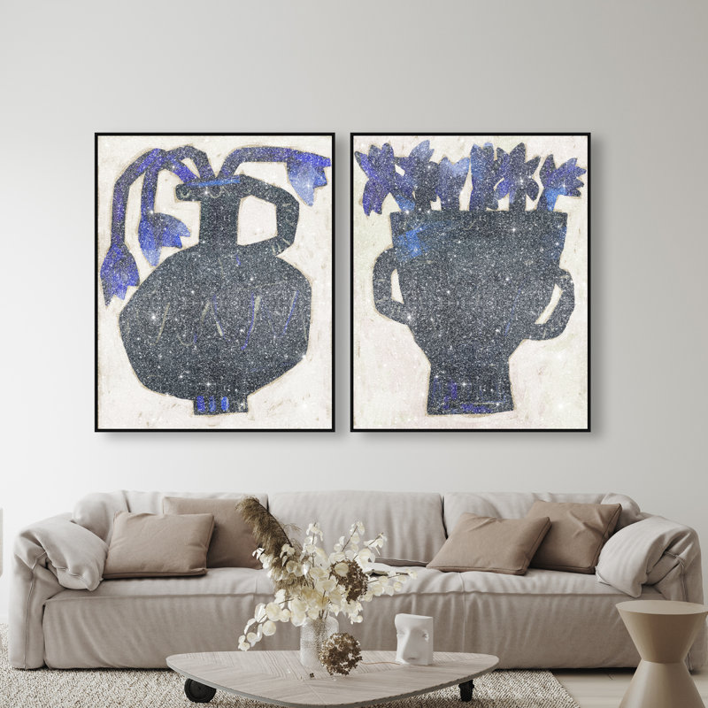 Indigo Vases Set Set by Oliver Gal, 74"H x 62"W, Black Floater Frame