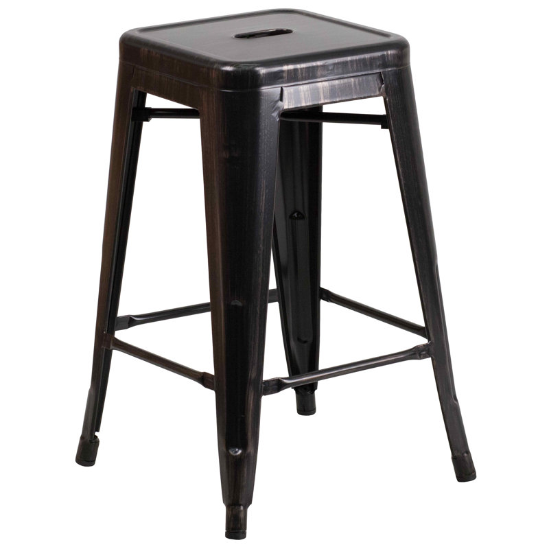 Nieva Commercial Grade Backless Indoor-Outdoor Stool with Square Seat, Black/Antique Gold, Bar Stool (30” Seat Height), 1