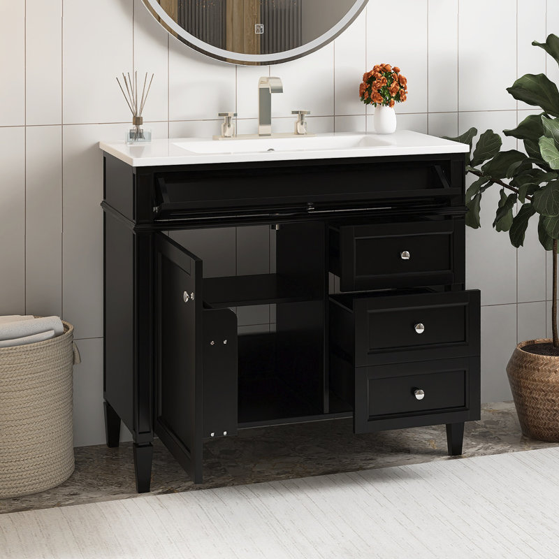 Meuble-lavabo sur pied 36 po avec lavabo en résine, Noir, noir, noir, noir, Argent argent
