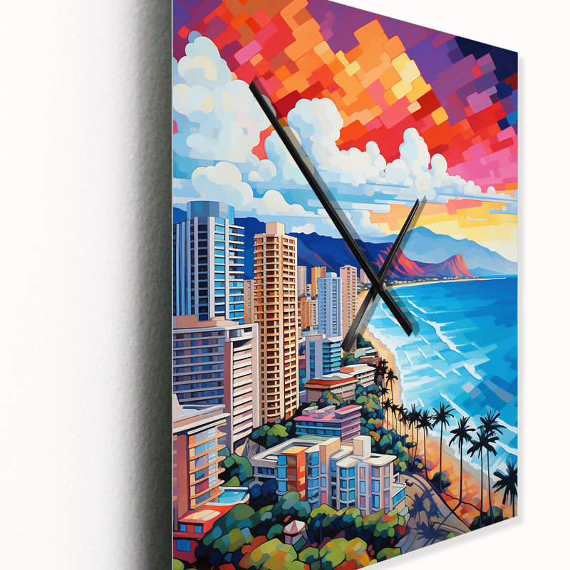 City Maui Popart III - Cityscapes Very Large Wall Clocks, 32" H x 24" W x 1" D