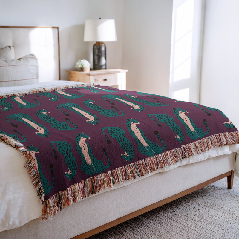 Jeté en mélange de coton Ren Leopard, Mauve / bleu sarcelle, L 70 po x l 50 po