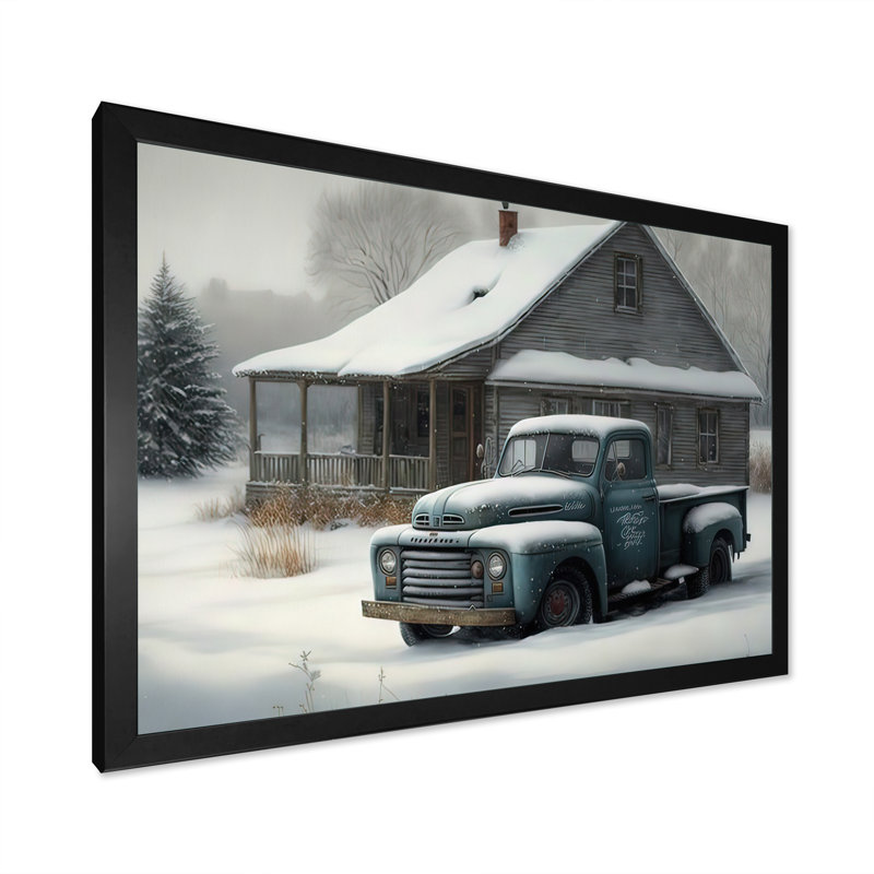 «Old Truck at the Barn in Winter IV», peinture sur toile, H 24 po x l 32 po x P 1 po, Impression noire sur toile encadrée