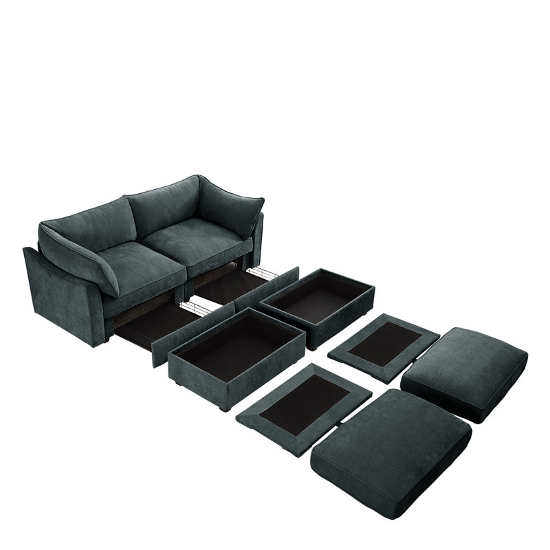 Canapé 2 places avec repose-pieds et repose-pieds mobile, vert chenille, rangement coulissant, conception peu encombrante