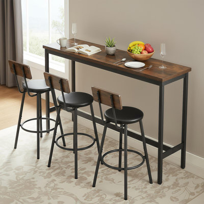 Ensemble de table de bar et de chaises pour 3, ensemble de table de salle à manger industriel 4 pièces avec 3 tabourets de bar rembourrés en polyuréthane, ensemble de table de bar pour la cuisine, la salle à manger, le salon, le bar, le café, le coin petit espace, brun rustique