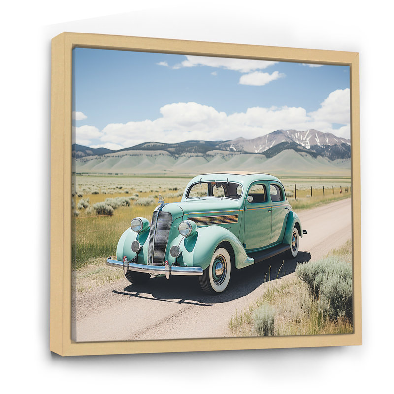 Voiture américaine verte rétro aux États-Unis - art mural transport, Cadre flottant brun, H 36 po x l 36 po