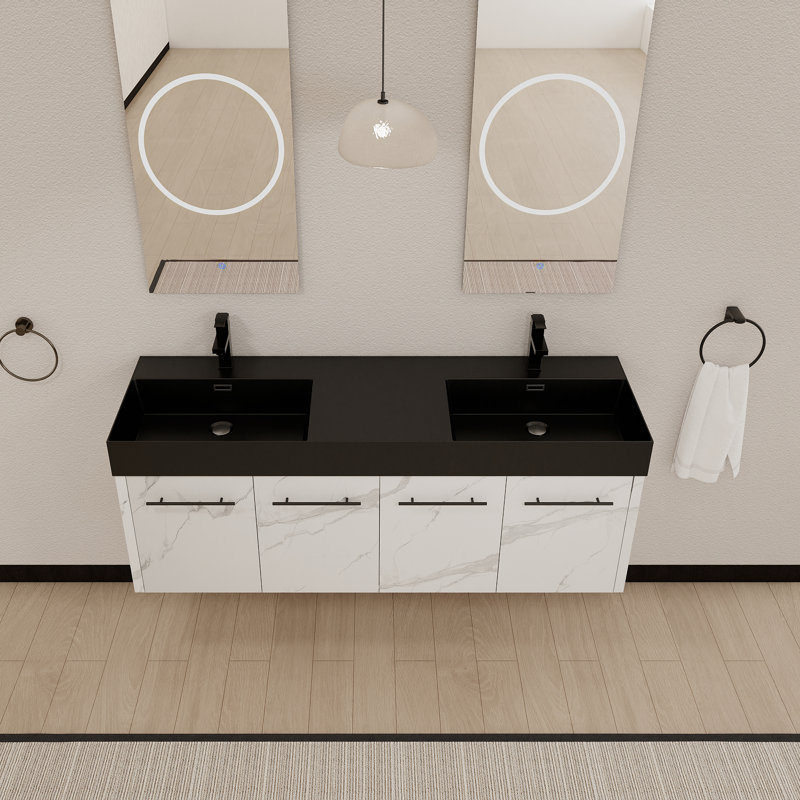Meuble-lavabo mural 60 po avec lavabo double en résine épaisse, Noir