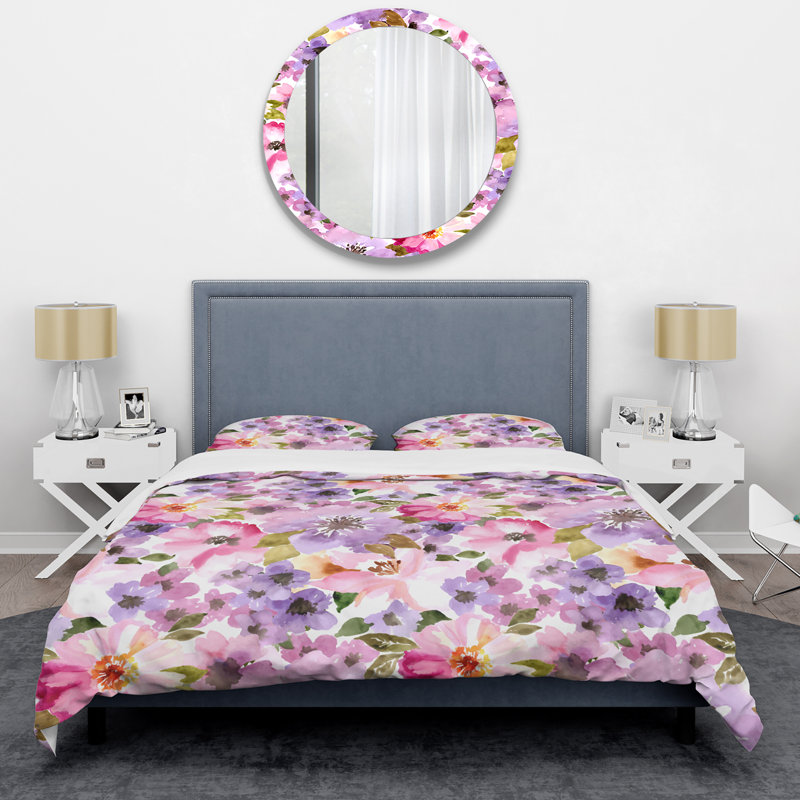 Fleurs mauves et feuille verte - ensemble de housse de couette floral - microfibre de polyester
