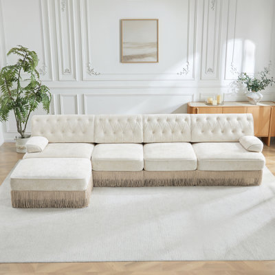 Soft Velvet Fabric Chesterfield Style Sofa,Button Tufted Design,Floor-grazing Tassel Fringe Skirt,Easy to Assemble