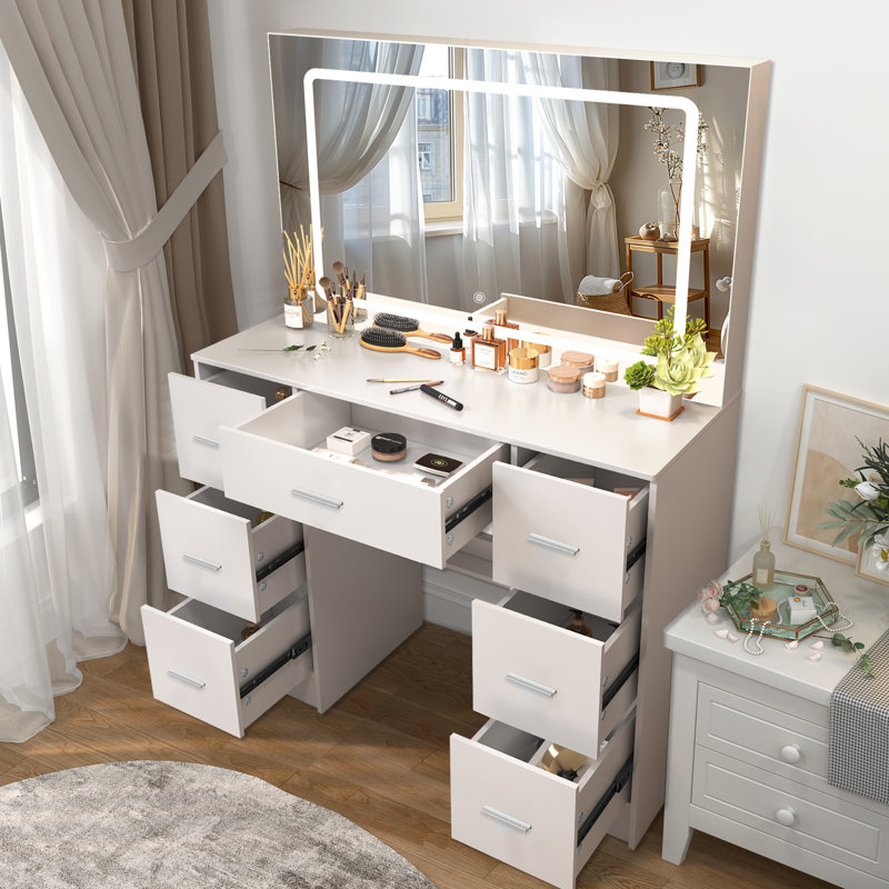 Vanity Desk With Large Mirror And Led Lights, 3 Lighting Modes, Vanity Table With Drawers For Girls, White