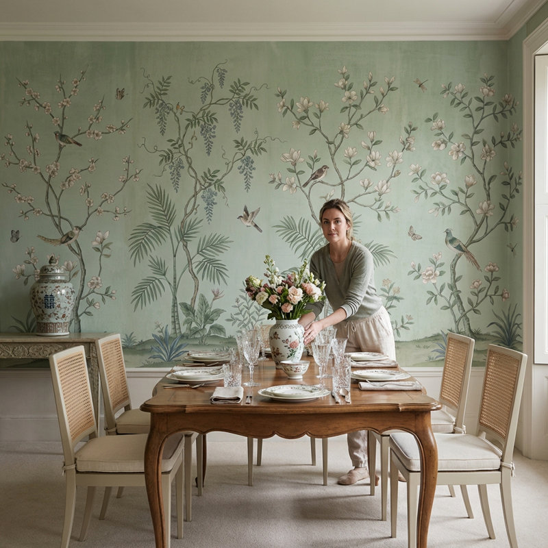 Papier peint floral oiseaux traditionnels, 140"x108", Peler et coller