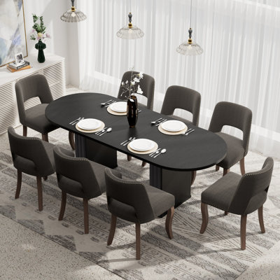 Extendable Oval Dining Table Set with 6/8 Fabric Chairs, Black Wooden Table Base for Kitchen & Dining Room