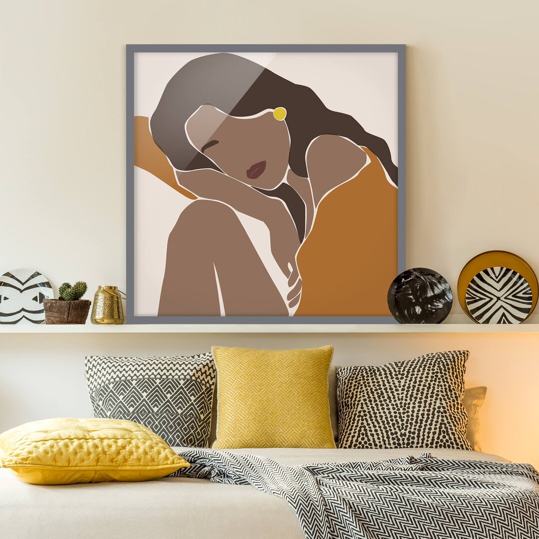 Gerahmtes Poster Line Art Woman Brown Beige