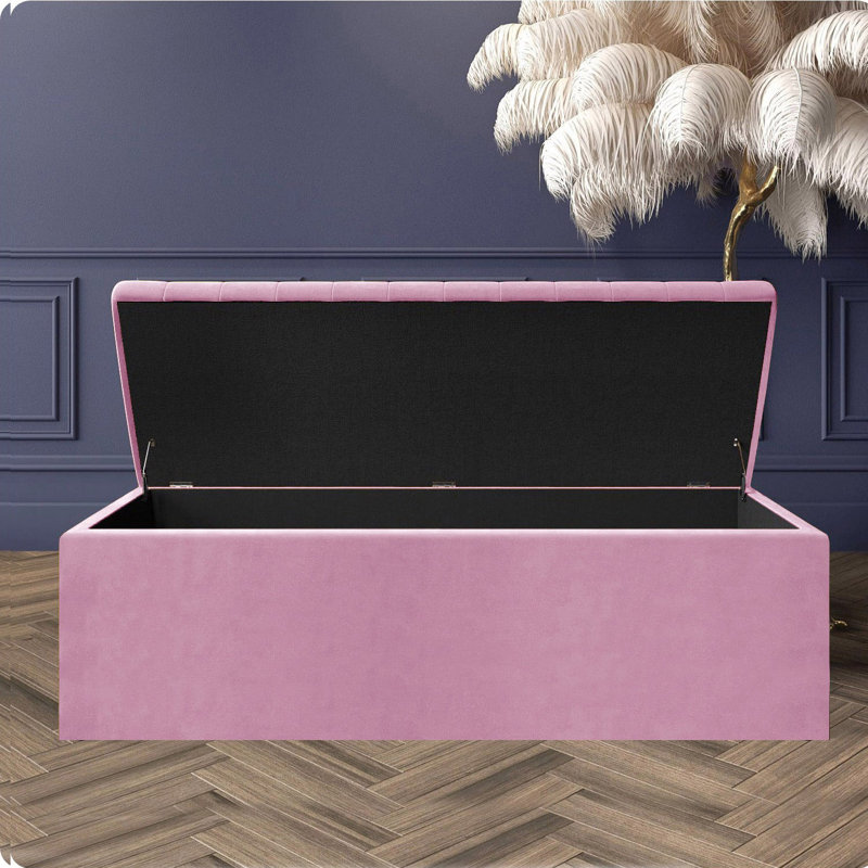 Safar Wide Velvet Rectangle Solid Color Standard Ottoman Box with Storage, Pink Plush Velvet, 150 cm