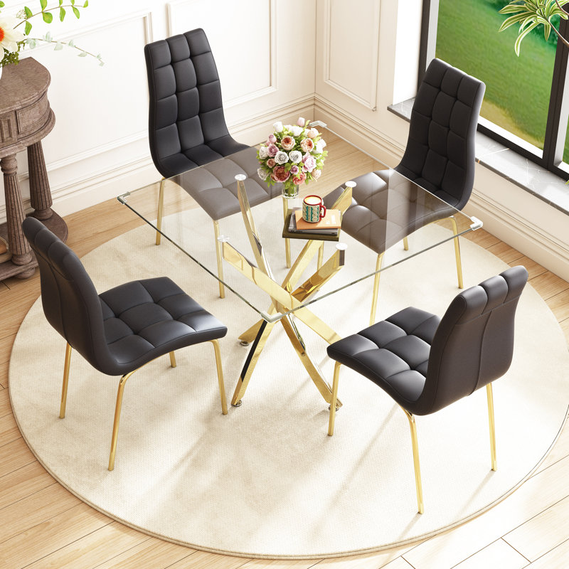 5 - Piece Pedestal Dining Set, Gold, Black/Gold