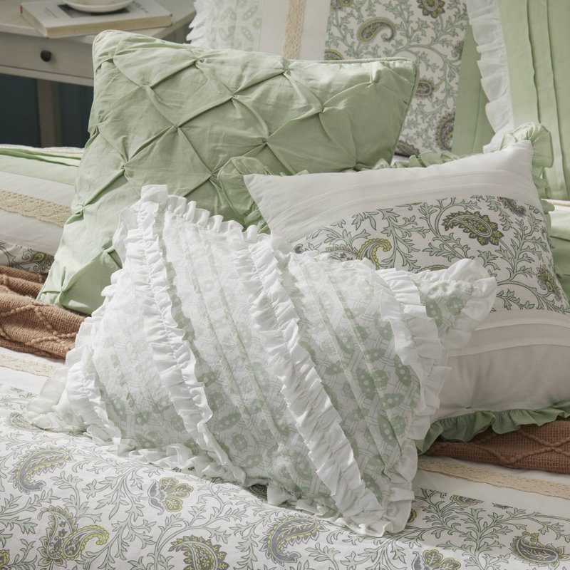 Ensemble d'édredon en percale de coton 9 pièces Dawn, Édredon très grand lit californien + 8 pièces s, Vert sauge