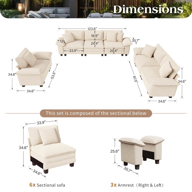 6 - Piece Living Room Set, Corduroy Beige