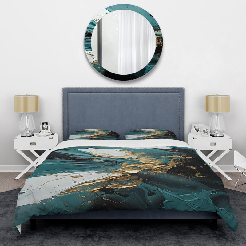 Ensemble de housse de couette or et vert en marbre blanc III - peinture abstraite