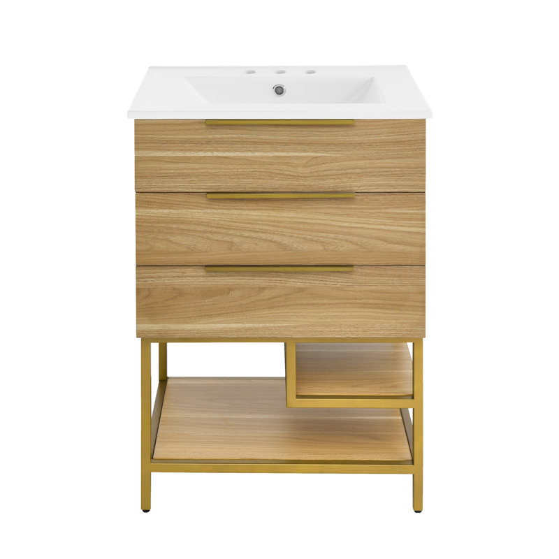 Carre 24 In. White Oak Bathroom Vanity With 3-Hole Ceramic Sink Top, White