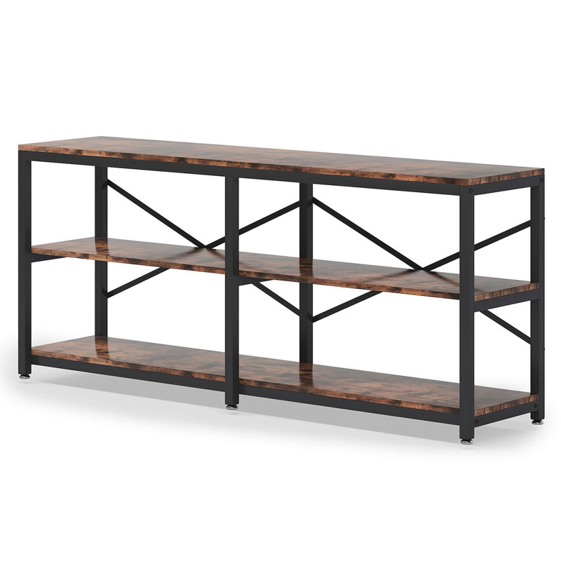 70.9" Extra Long Console Table With Storage Shelves, 3-Tier Industrial Sofa Table Behind Couch, Modern Entryway Table With X-Frame Metal Design, Narrow Hallway Bookshelf For Living Room, Rustic Brown