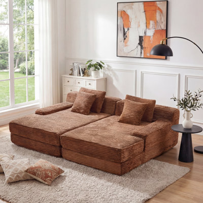 Eliam Oversized Modular Flannel Double Chaise Lounge Chair with 4 Pillows, Pure Foam Filled, No Assembly Required, Brown