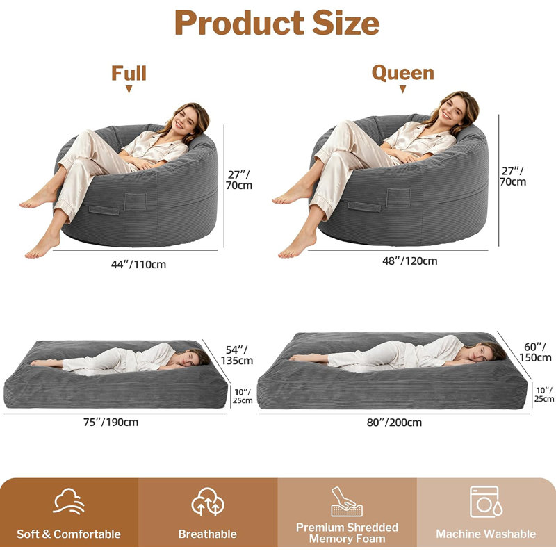 Fauteuil-sac géant, canapé-lit convertible en matelas, Light Grey