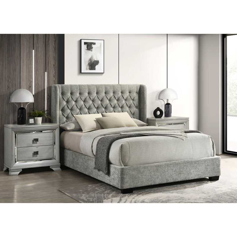 Grand lit contemporain avec tête de lit à oreilles grise en panneau doux pour la chambre à coucher, Grand lit