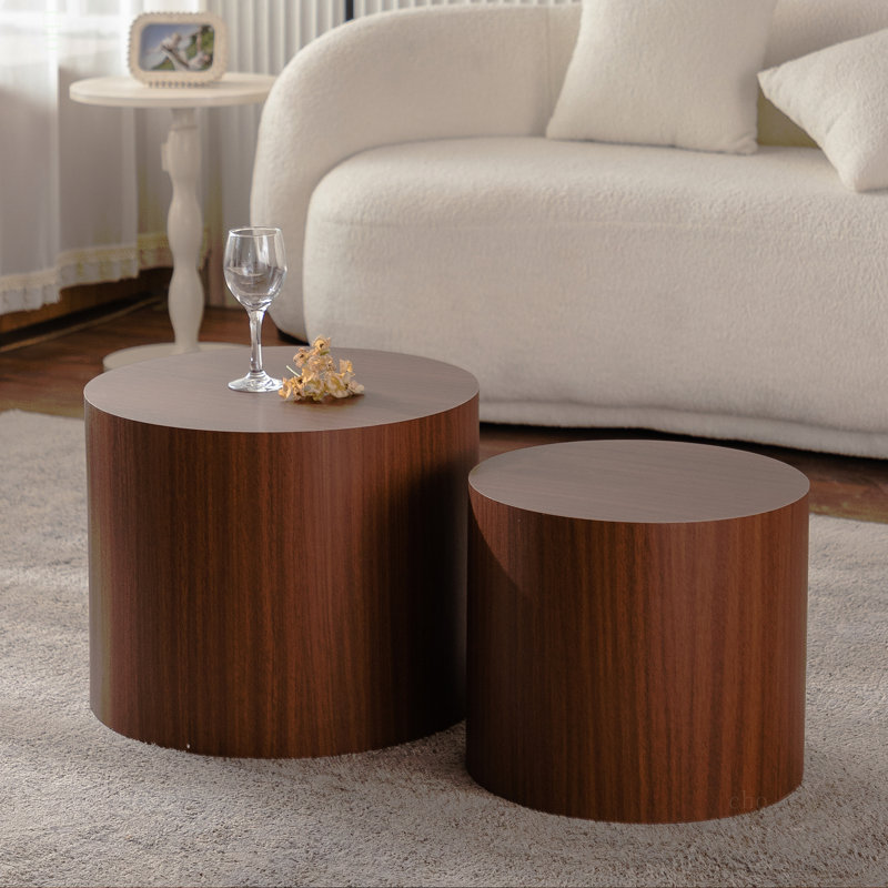 Ensemble de 2 tables basses rondes en bois Nesting, Dark Brown Wood / Tan