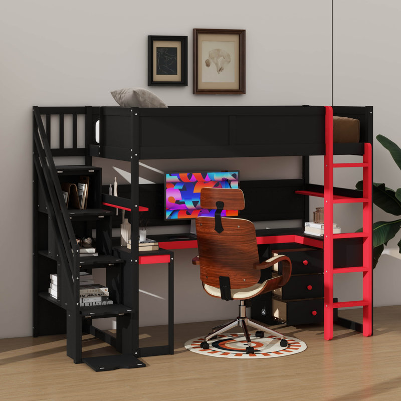 Lit mezzanine simple en bois à des fins de jeu, comprenant des escaliers pour le rangement, un bureau intégré, des tablettes et un panneau perforé