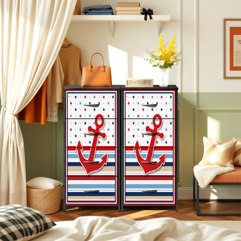 Commode de rangement verticale 4 tiroirs avec ancre rouge et thème nautique