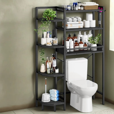 Rangement au-dessus de la toilette à 7 niveaux avec panier et crochet à papier K1, tablette de toilette autoportante au-dessus avec pieds réglables, tablettes de salle de bain économiseur d'espace, P 9,3 po x l 33,5 po x H 63,8 po, noir