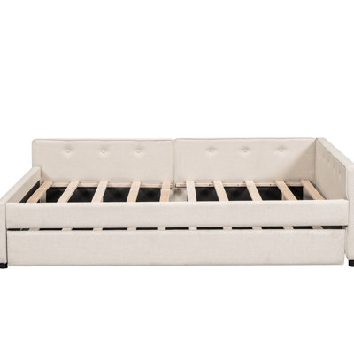 Beige Upholstered Platform Bed With And Twin Size Trundle - Wood, No Box Spring For A Modern Bedroom Ports & Trundle, Strong Build, Improves Quality Function