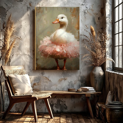 White Duck in Pink Tutu Farm Animal Nursery Art Canvas Wall Art Print, White Pink Decorative Artwork for Nursery Decor, Bedroom, Living Room, Office, Gallery Wall Accent, Modern Home Styling