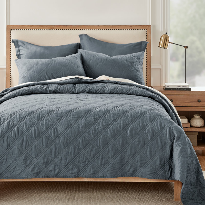 Washed Linen Denim Blue Std Quilted Sham