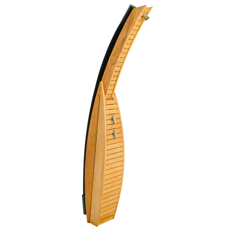 Teak Solar Powered Temperature Controlled Portable Wood Free Standing Outdoor Shower and Footwash Spout and Duckboard