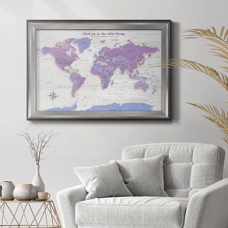 Carte du monde à punaises - Carte du monde violette pastel encadrée sur toile, 26 x 40 - Taille intérieure, Argent métal