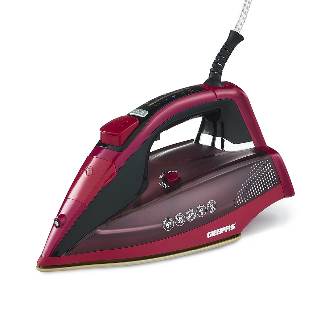 GEEPAS Steam Iron with LED Display | Clothes Dry & Steam Press | 40s Fast Heat-Up Vertical Steaming | Ceramic Soleplate Adjustable Temperature | 350ml