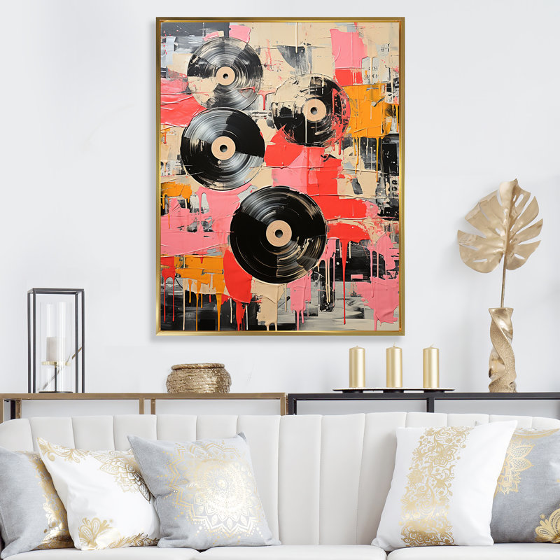Disque vinyle rose II - Art mural disques vinyle, Cadre flottant doré, H 20 po x l 12 po x P 1 po