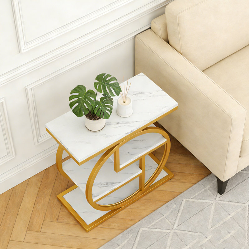 Table de bout en bois à 4 niveaux avec tablettes de rangement, Blanc et or