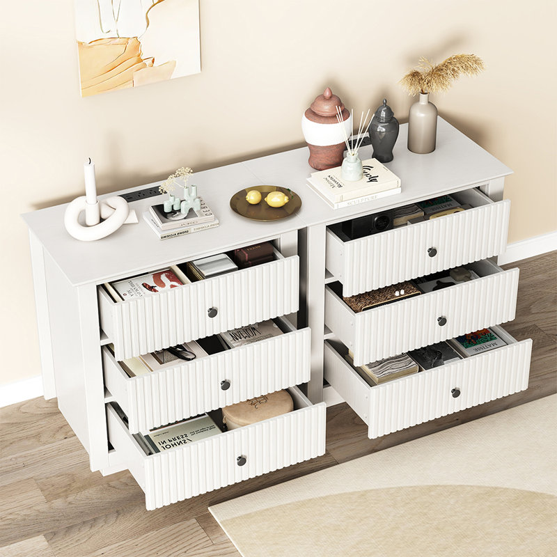 3-Drawer Dresser 24"W Fluted Chest With Built-In Outlets (Set of 2), White